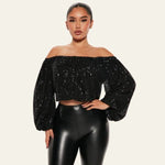 Velira Womens Tops Celviera Blizgučių Off-Shoulder Bluzonas