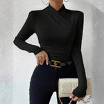 Velira Womens Tops Juoda / S Capri Wrap-Neck Ruched Long Sleeve Top