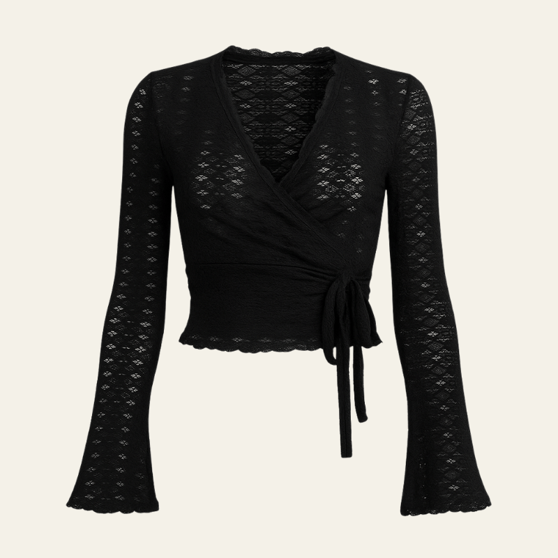 Velira Womens Tops Juoda / S Valensijos nėriniuotas apklotas viršus
