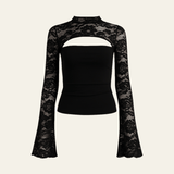 Velira Womens Tops Juoda / S Viena Nėrinių Trumpas Ilgomis Rankovėmis Marškinėliai