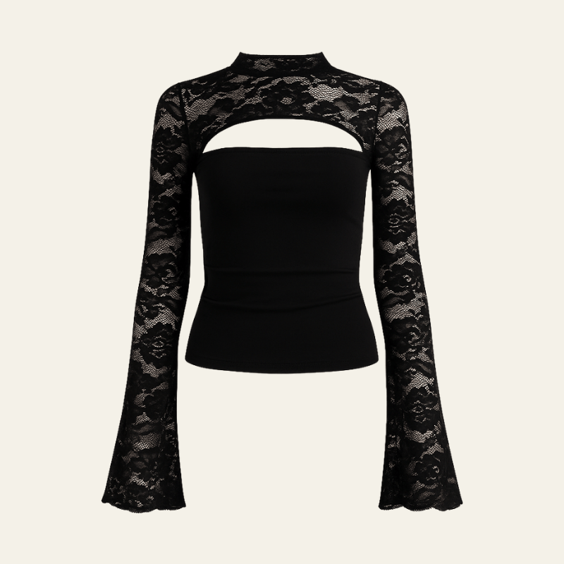 Velira Womens Tops Juoda / S Viena Nėrinių Trumpas Ilgomis Rankovėmis Marškinėliai