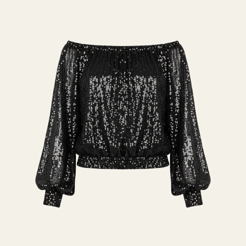 Velira Womens Tops Juoda / XS Celviera Blizgučių Off-Shoulder Bluzonas