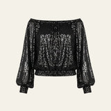 Velira Womens Tops Juoda / XS Celviera Blizgučių Off-Shoulder Bluzonas