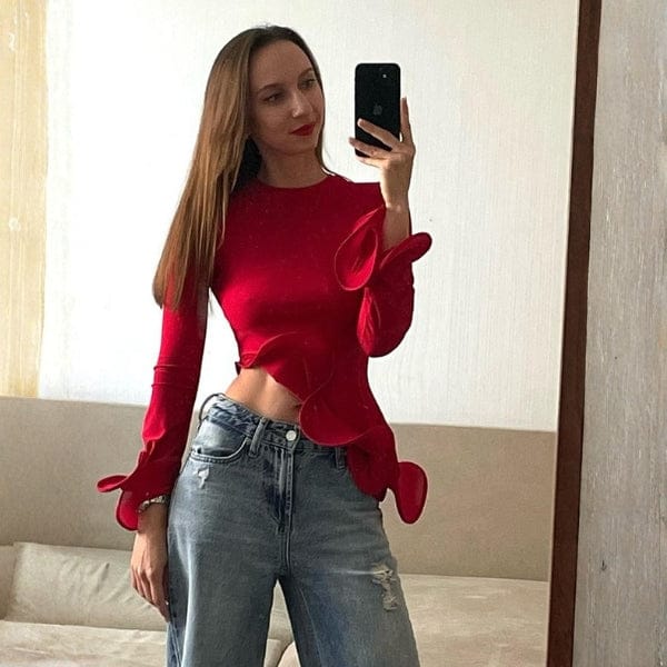 Velira Womens Tops Marbelos skulptūruotas ilgas rankovėmis viršus